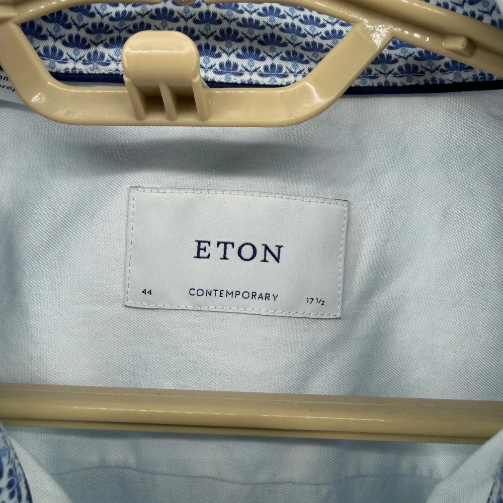 Eton Contemporary Fit Blue Marbled Cotton Dress Shirt Mens 17.5 44 Button Down